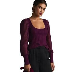 Anthropologie Women’s Puff Sleeve Shimmer Sweater Blouse Plum Wine Size Medium